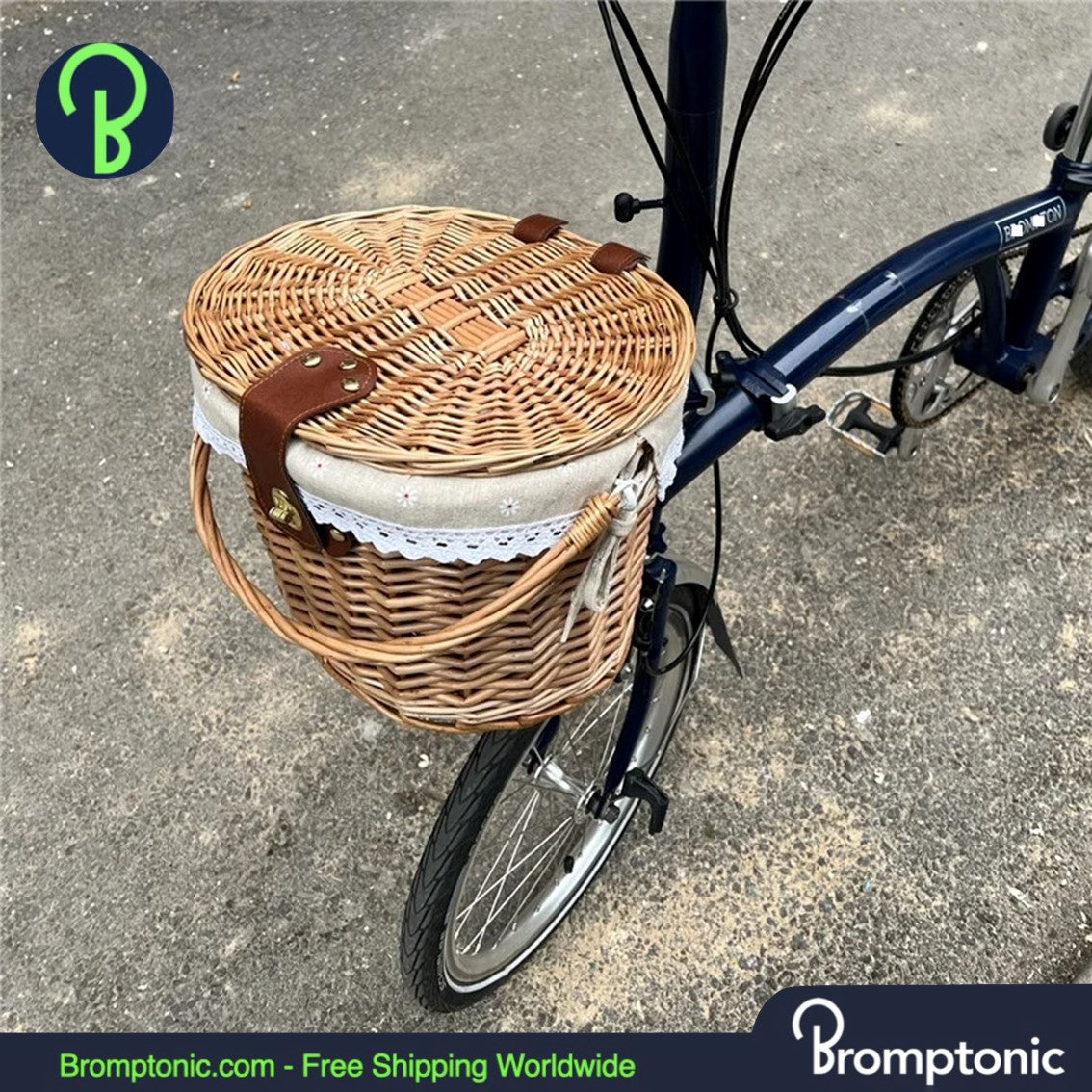 Cesta de mimbre frontal Brompton con tapa - Tejida a mano estilo vintage